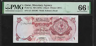 Qatar 1 Riyal 1973 PMG 66  EPQ UNC  P# 1a Monetary Agency. Printer BWC • $247