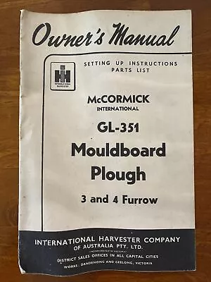 Owner’s Manual McCormick International GL-351 Mouldboard Plough 3 & 4 Furrow • $28