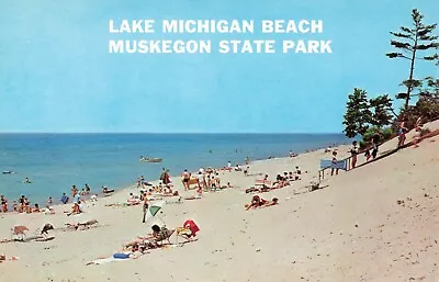 Muskegon MI Lake Michigan Beach Sunbathers Swimming Vintage Postcard • $6.39