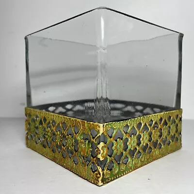 £17.31 • Buy Glass Cube Heavy Clear Vase Square Wedding Flower Vase Metal Trim Centerpiece 4”