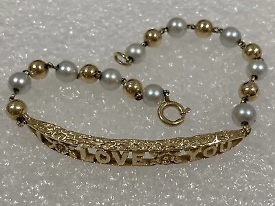 Vintage 14k Solid Yellow Gold & Pearl Beaded ID Tag “I LOVE YOU” Bracelet 7.29g • $439.95