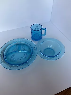 Vintage Nursery Rhyme Children’s 3pc. Dish Set In Teal Blue • $30