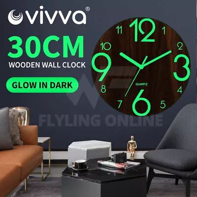 Glow In Dark Wall Clock Luminous Quartz Wooden Non Ticking Home Decor 12''/30cm • $16.70