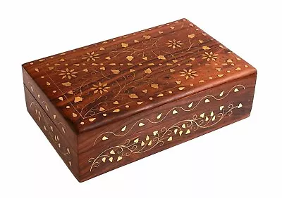 Gorgeous Hand Carved Rosewood Trinket Jewelry Box With Mughal Inspired Brass Inl • $19.99