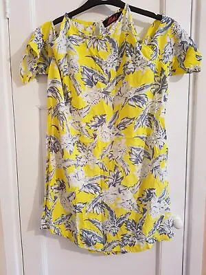 Motel Rocks Ladies Small Yellow Blue Cold Shoulder Shift Dress L5 • $12.44