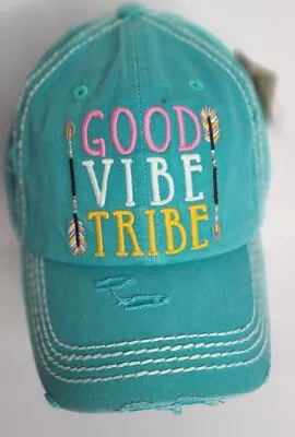 NWT GOOD VIBE TRIBE TEAL Embroidered Vintage Factory Distressed Baseball Cap • $15