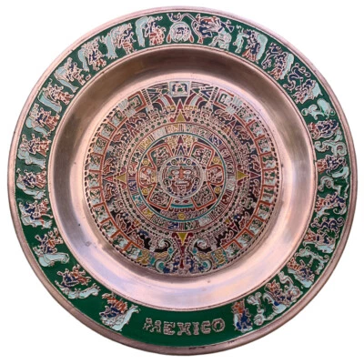 $26.99 • Buy Vintage Mexico Copper Enameled Aztec Mayan Sun Calendar Wall Plate Folk Art
