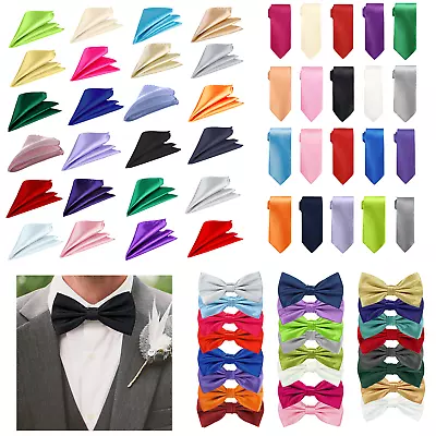 Men's Satin Slim Neck Tie Pocket Handkerchief Bow Tie Pocket Square Gift Wedding • £2.85