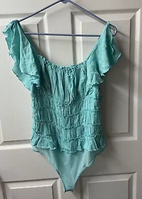 Perfectly Priscilla Womens Size Large Teal  Tiered Flutter Sleeved Body Suit Top • $13.60