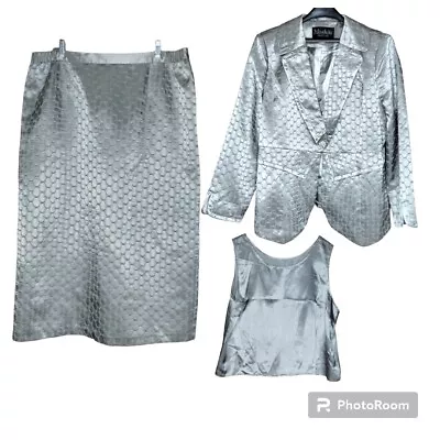 Moshita Couture Embellished 3pcs Blazer Skirt Suit Silver Size 22 Women • $129