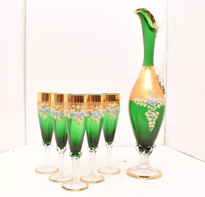 Tre Fuochi Venetian Murano Glass DECANTER 5 Champagne Flutes 24 KT Gold ENAMEL • $250.04