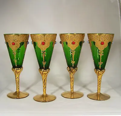 Italian Murano Wine Champagne Fluted Glasses 24K Gold N Gemstones Antique • $149.99
