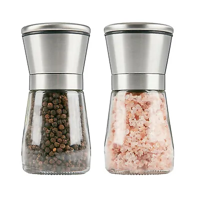 2pcs Salt Pepper Grinder Set Stainless Steel Glass Shaker Adjustable Mill Coarse • £6.45
