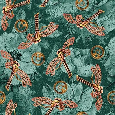 STEAMPUNK ~ TIME TRAVEL ~ Metal Dragonflies Dragonfly Gears On Floral Teal Bkgnd • $12.50