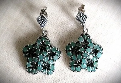 *stunning* .925 Emerald Rounds & Marcasite Drop/dangle Earrings • £27.99