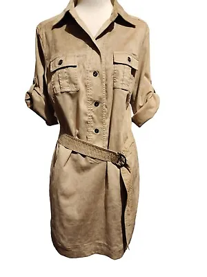  New York & Company Tan Suede Shirt Mini Dress Pockets Size 12  • £23.65
