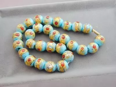 Antique Robin's Egg Blue Venetian Art Glass Bead Necklace Gold Silver Foil • $15