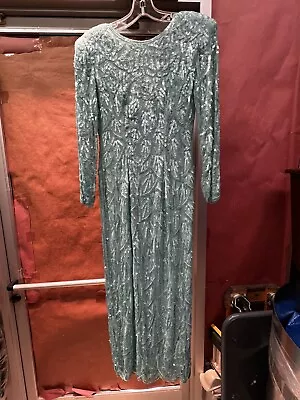 Vintage Lillie Rubin Silk Turquoise Green Beaded Evening Dress Petite Size • $74.95