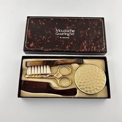 VTG West Germany Moustache Grooming Set Mirror Brush Comb Scissors Box Gold Tone • $16