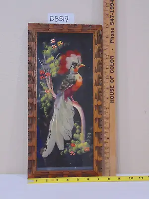 Vintage Mexican Folk Art Feathercraft Feather Bird Art Carved Wood Frame Athens • $39.99