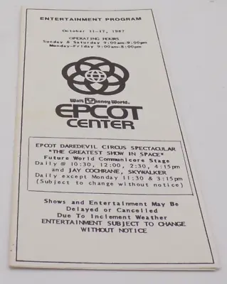 Vtg Walt Disney World Epcot Center Entertainment Program Oct 11-17 1987 Brochure • $5.99