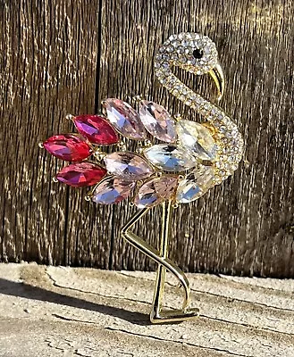 PINK Flamingo Bird Crystal Glass Rhinestones Brooch Pin Multicolor Vintage USA • $11.88