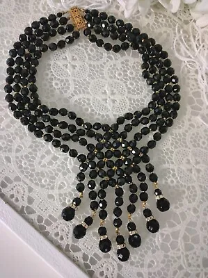 🖤 Elaborate Huge Miriam Haskell 4 Strand Black Glass Jet Beaded Bib Necklace • $250