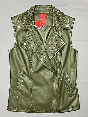 NWT V Cristina Faux Leather Studded Biker Vest Olive Green Zip Jacket Size Small • $29.99