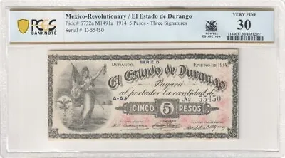 Mexico Rev / El Estado De Durango P#S732a M1491a 1914 5 Pesos PCGS Very Fine 30 • $50