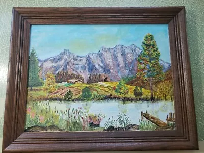 Vtg Original Painting On Board Mountains Cabin Dock River Flowers 15x19   • $48.99