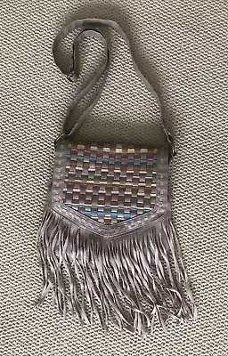 Mossimo Crossbody Boho Coastal Fringe Taupe Faux Leather Woven Front Flip Bag • $21