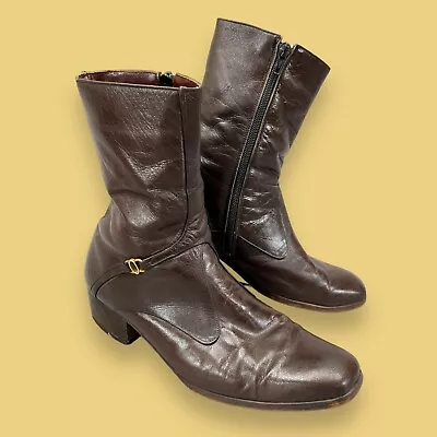 Vintage Mens Size 8 Brown Glove Leather Zip Side Ankle Boots 1970s Dress Boot • $40