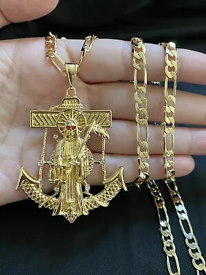 Gold PLATE Men's Santa Muerte Grim Reaper Death Anchor Pendant & Figaro Chain • $30