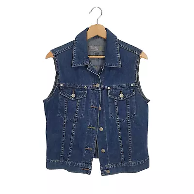 Esprit Size M Vintage Blue Denim Collared Trucker Biker Jeans Vest • $24.95