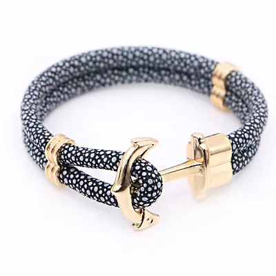 Mens Multilayer Stingray Leather Wrap Rope Anchor Bangle Bracelet Wristband #526 • $10.99