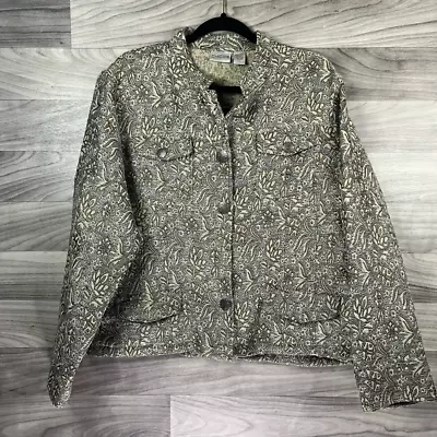 Chicos Womens Jacket Brown Gray Floral Button Pockets Mandarin Collar 3 XL/16 • $15.91