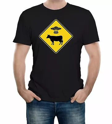 UFO Cow Abduction Sign Mens T-Shirt Funny Animal Aliens Conspiracy Theory • $28.59