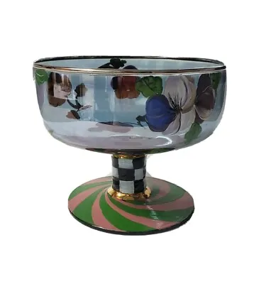 MACKENZIE-CHILDS Hand-Painted Glass Compote Footed Bowl Checkered Floral Design • $65