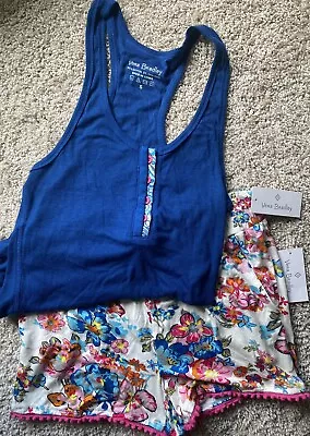 Women’s Vera Bradley Blue White Pink Floral Shorts Tank Pajama Set 0 2 S NWT • $11.50