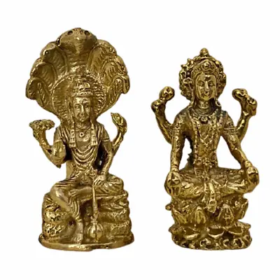 Vishnu Lakshmi Mini Brass Statue Narayan Laxmi Wealth Goddess Hindu Amulet Set • $25