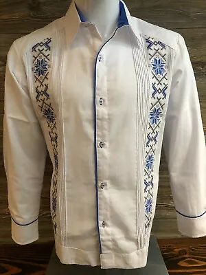 Mexican Men Guayabera Shirt Linen Long Sleeve Elegant Double Blue Embroidery • $75