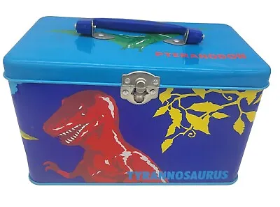 Vtg Sanrio Dinomighties Dinosaur Tin Lunch Box Metal Storage Container 1987 READ • $26