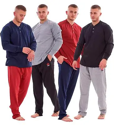 Mens Pyjama Set Cotton Jersey Henley Top Loungewear Lightweight Nightwear M-XXL • £13.95