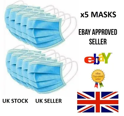 5 X Disposable 3 Ply Ear Loop Face Mask Protective Medical Breathable Dental  • £2.24