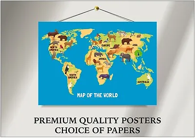 A1 LAMINATED WATERPROOF World Map Animals Kids Large Poster Art Print Gift • £12.88