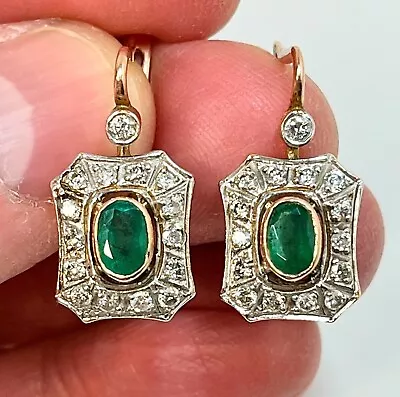 Antique 10K Rose Gold Natural Emerald & Diamond Latch Back Earrings • $103.05