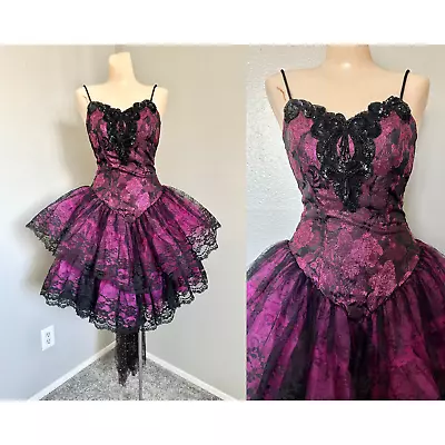 Vintage 80s Loralie Grunge Goth Beaded Bow Lace Barbie Punk Party Prom Dress  • $350