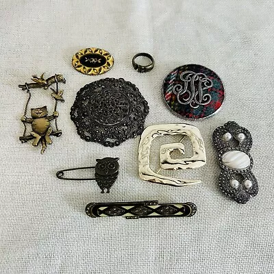 Vintage Jewelry Lot 9 Pieces Silver Tone Brass Deco Boho Cat Owl Ring Costume • $0.99