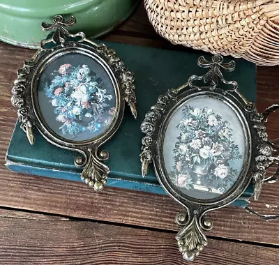 Pair Of Vintage Italian Ornate Brass Frame Floral Pictures Oval ~ Made In Italy • $30