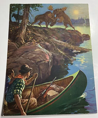 Original Art Print C 1930’s  Hunting Moose Canoe Shotgun Relyea Artist Sportsman • $29.50